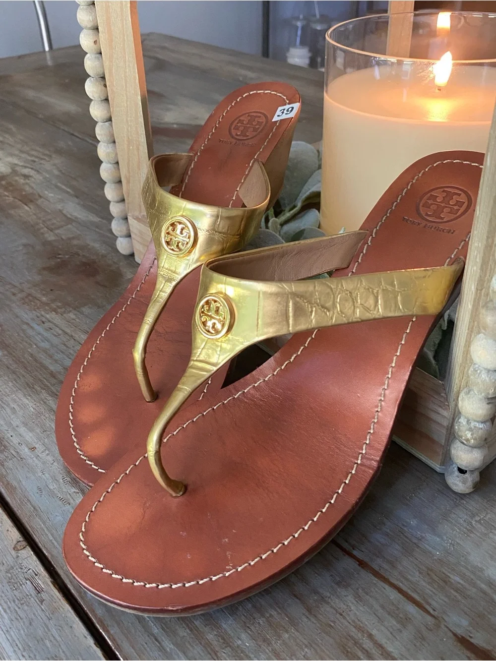 Tory Burch Cameron Wedge Logo Open Toe Thong Sandals Womens 10.5 Metallic Gold